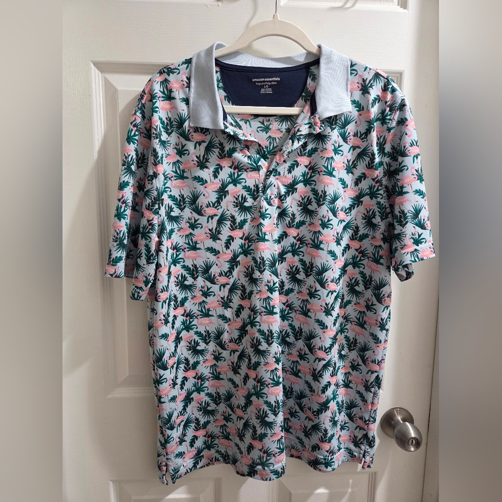 Amazon Essentials Men's Tropical Print Polo Shirt - Pink and Green